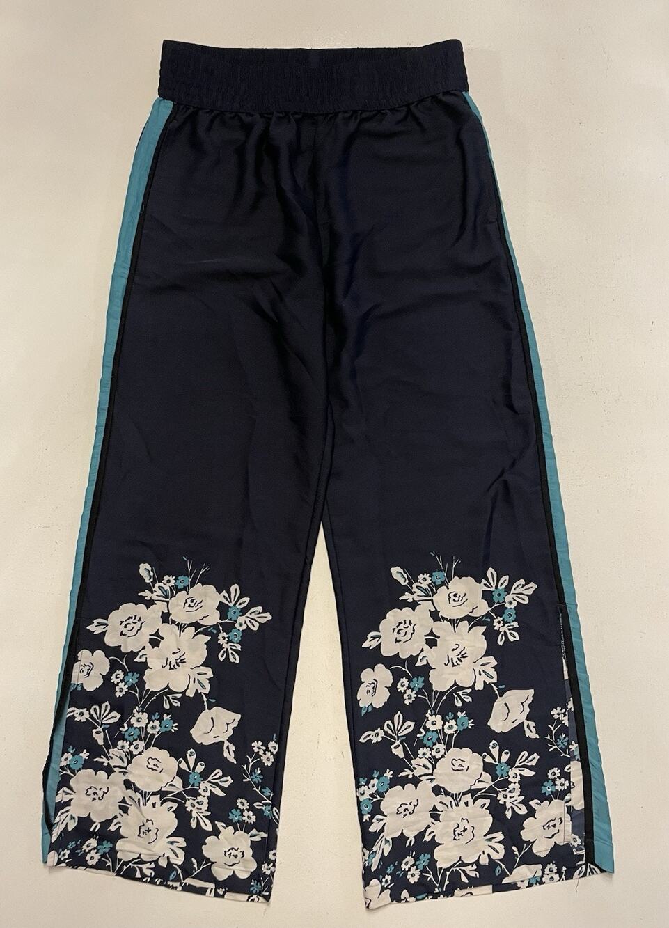 Aerie Womens M Navy Blue Floral Flowy Wide Leg Pants Vacation Beach Whimsical